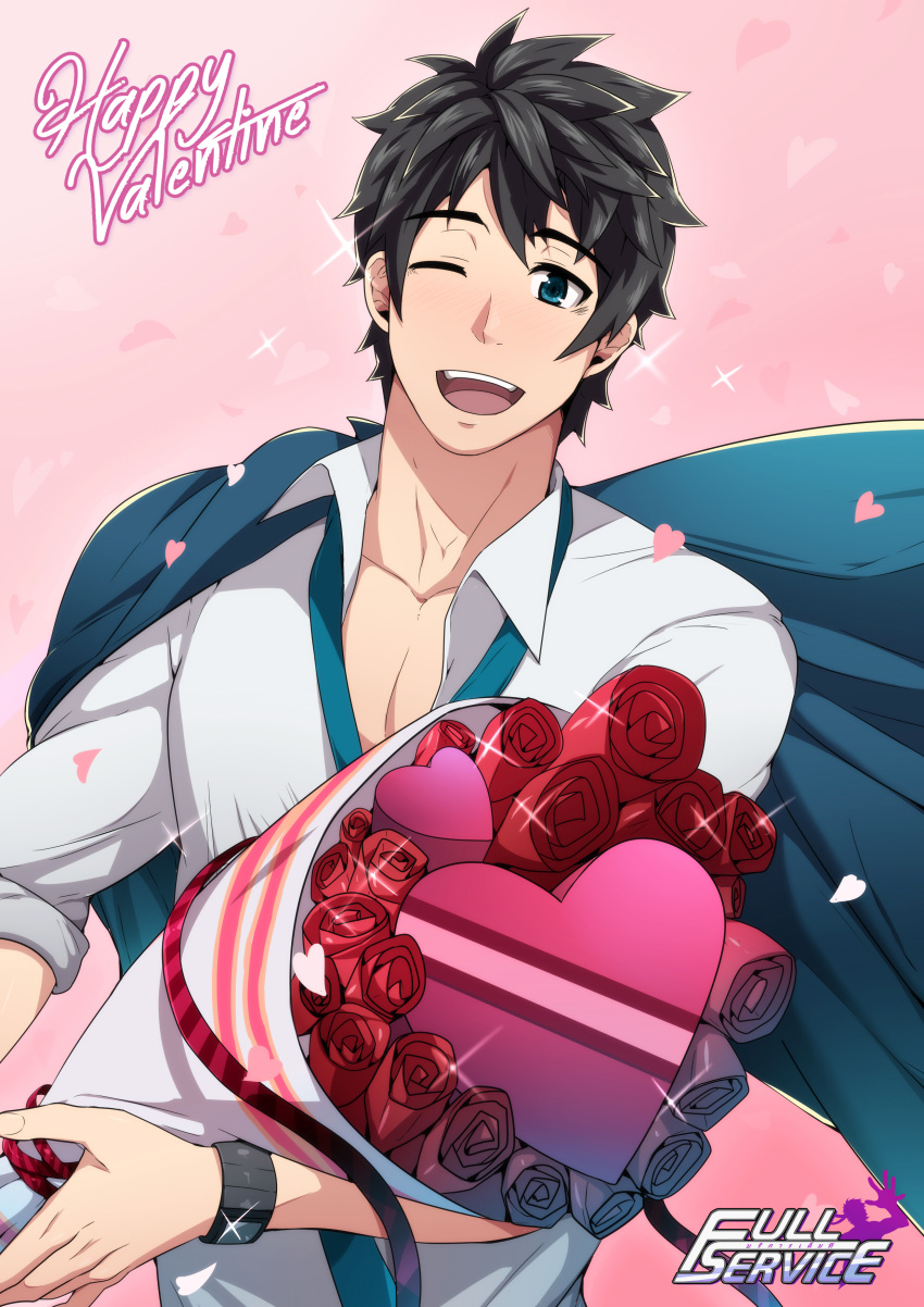 >_o, 1boy, ;d, absurdres, black_hair, blue_eyes, blue_jacket, blush