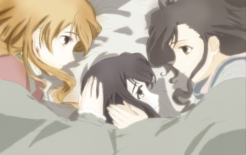 bad_id, bed, bed_sheet, black_hair, brown_hair, candy_boy, highres, long_hair