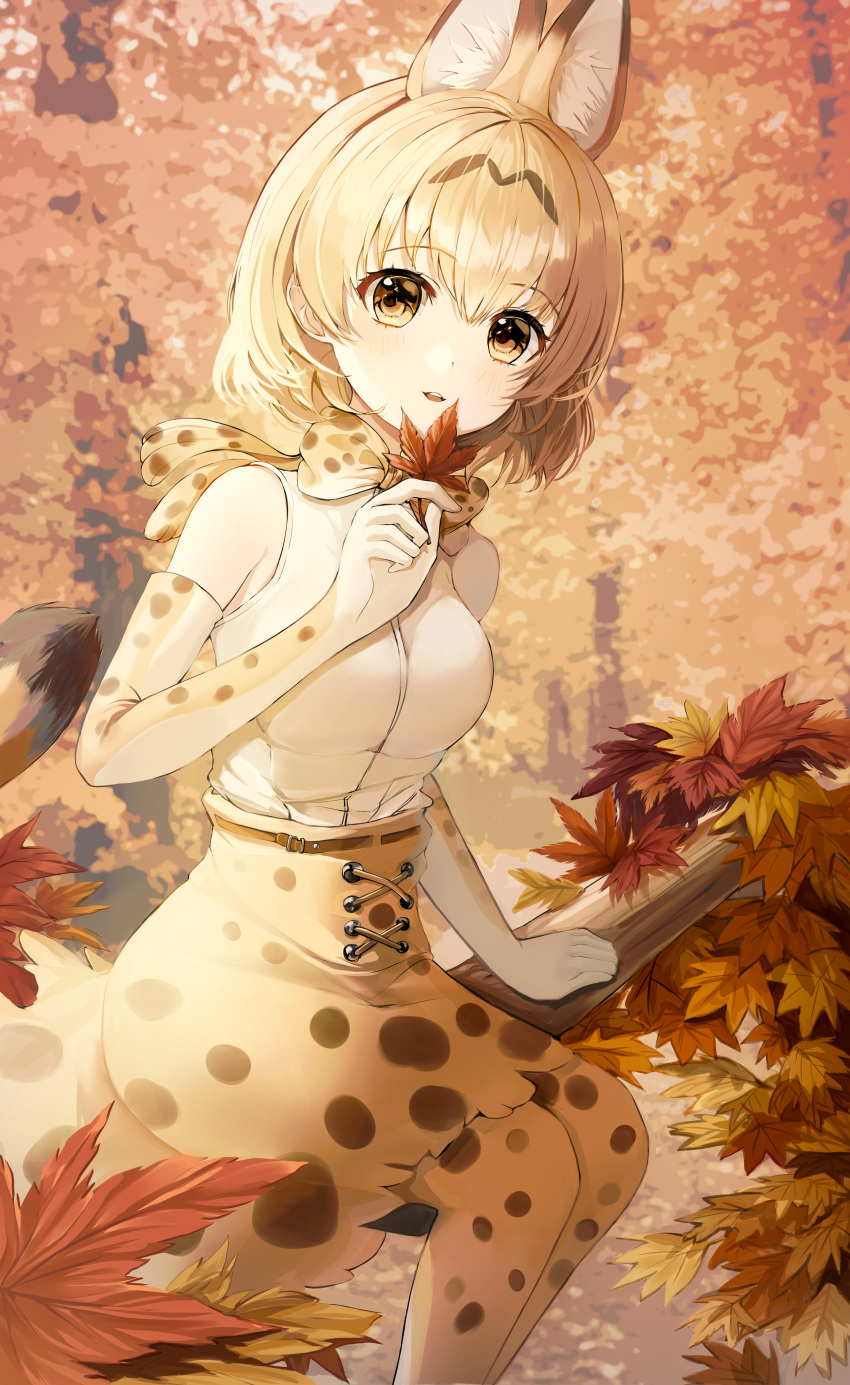 1girl, absurdres, animal_ears, animal_print, autumn, autumn_leaves, blonde_hair, bow