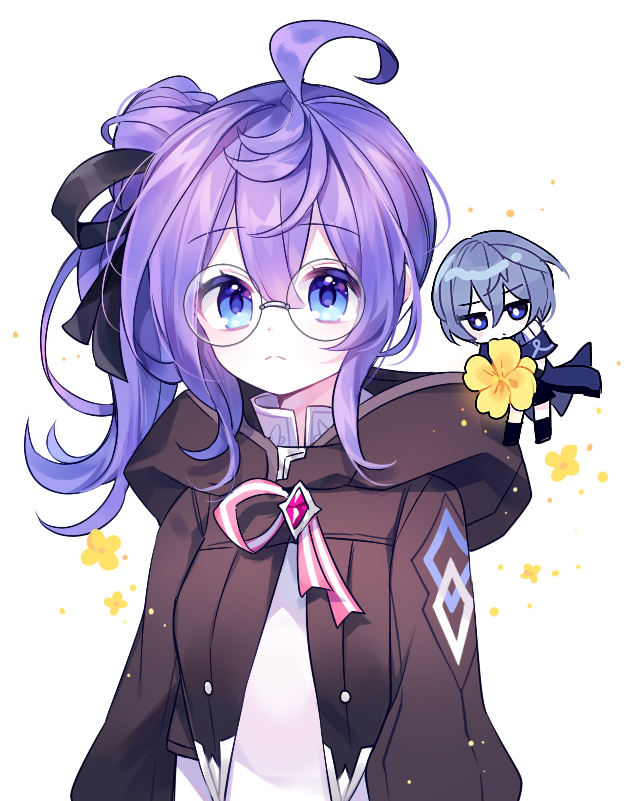 1boy, 1girl, ahoge, bangs, black_ribbon, black_shorts, blue_capelet, blue_eyes, blue_hair, brown_jacket, capelet, chibi, closed_mouth, commentary_request, cropped_jacket, dress, elsword, eyebrows_visible_through_hair, floating, flower, g_ieep, glasses, hair_between_eyes, hair_ribbon, holding, holding_flower, hood, hood_down, hooded_jacket, jacket, korean_commentary, long_sleeves, looking_away, miniboy, noah_(elsword), open_clothes, open_jacket, ponytail, purple_hair, ribbon, short_hair, shorts, side_ponytail, sidelocks, simple_background, white_background, white_dress, yellow_flower, yuria_(elsword)