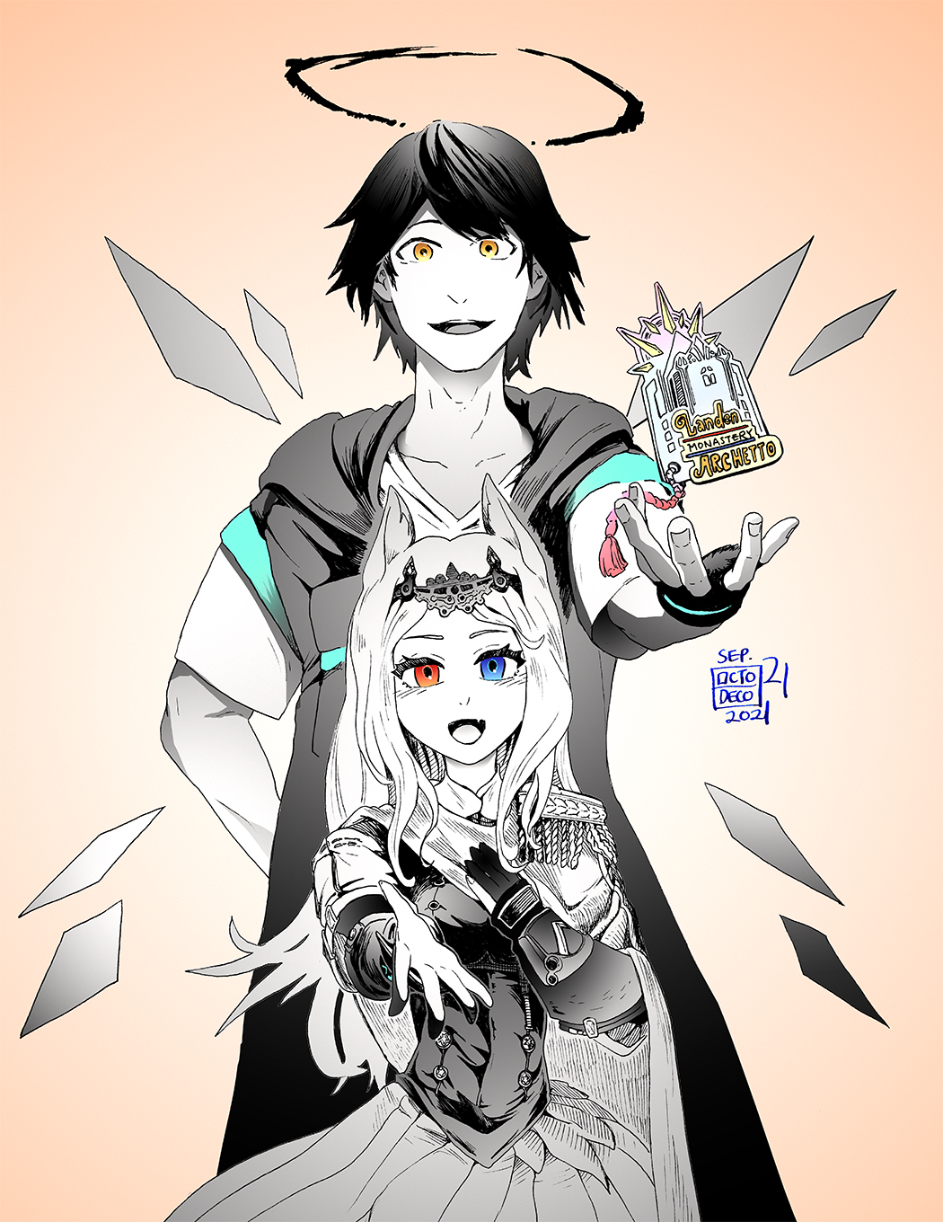 1boy, 1girl, animal_ears, archetto_(arknights), arknights, artist_name, black_hair, black_jacket, blue_eyes, dated, doctor_(arknights), energy_wings, gradient, gradient_background, halo, heterochromia, highres, hood, hooded_jacket, jacket, male_doctor_(arknights), octodeco, orange_background, red_eyes, shirt, short_hair, short_sleeves, white_shirt, yellow_eyes