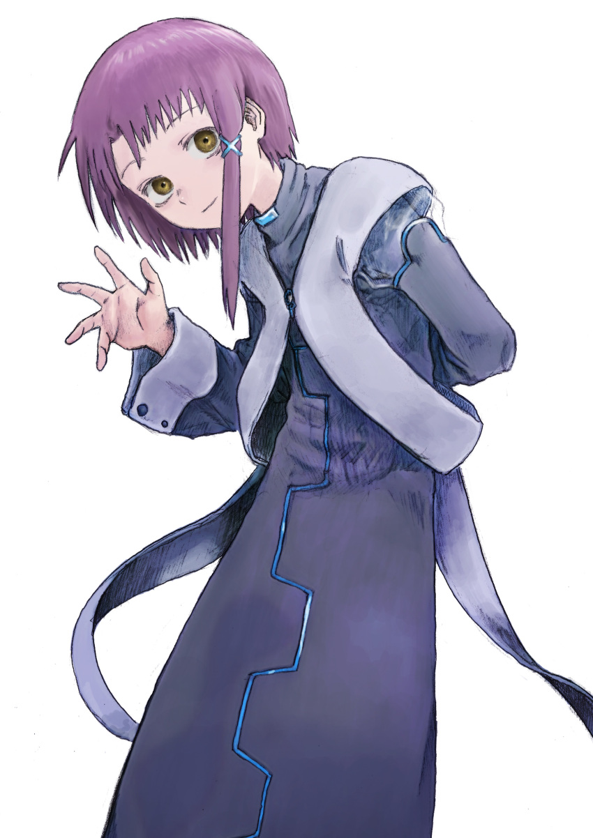 absurdres, closed_mouth, eyebrows_visible_through_hair, hair_ornament, head_tilt, highres, iwakura_lain, long_sleeves, looking_at_viewer, purple_hair, see-through, see-through_sleeves, serial_experiments_lain, short_hair, smile, white_background, x_hair_ornament, yasu_(shijimi_8), yellow_eyes