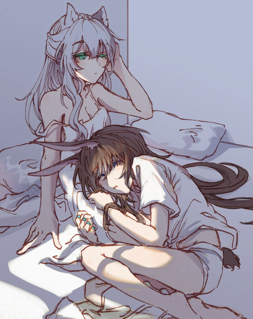 2girls, amiya_(arknights), animal_ears, arknights, bangs, bare_shoulders, brown_hair, cat_ears