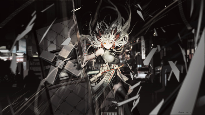 1girl, absurdres, arknights, artist_name, black_legwear, black_shirt, blurry, blurry_background