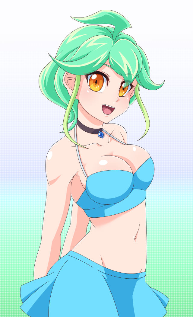 1girl, ahoge, bikini, choker, green_hair, motsu_(pixiv26352203), multicolored_hair, orange_hair