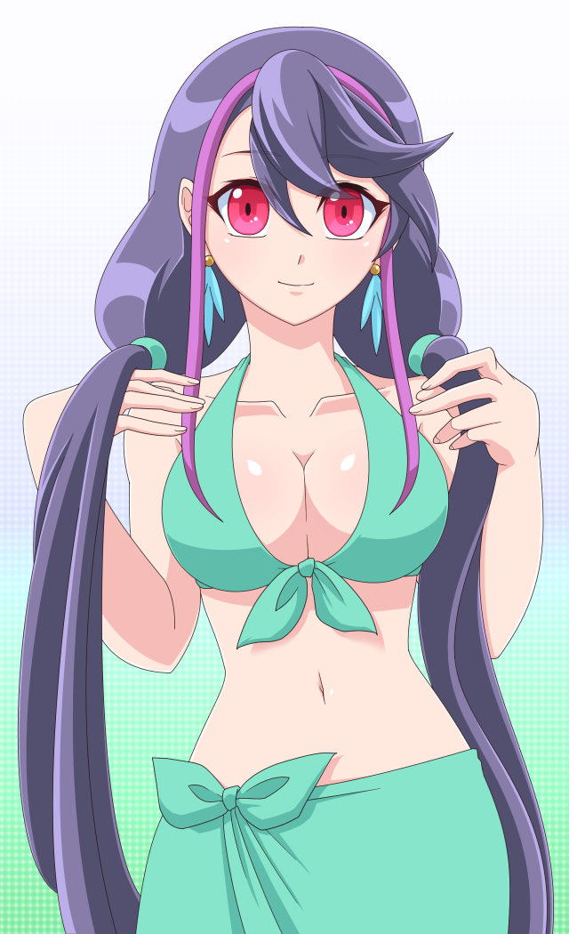 1girl, bikini, earrings, kurosaki_ruri, long_hair, motsu_(pixiv26352203), multicolored_hair, pink_eyes