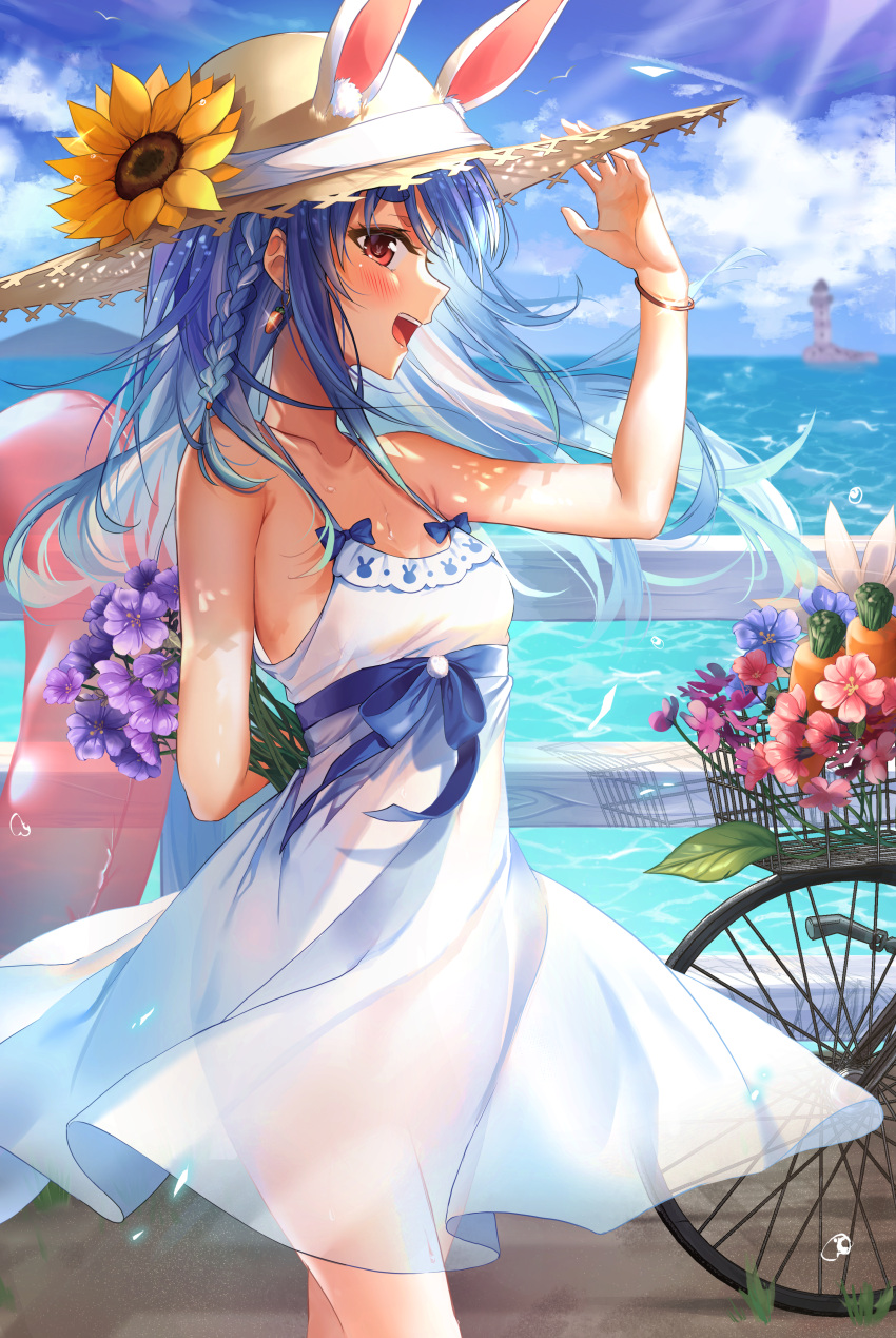 1girl, :d, absurdres, alternate_costume, animal_ear_fluff, animal_ears, arm_behind_back, bicycle