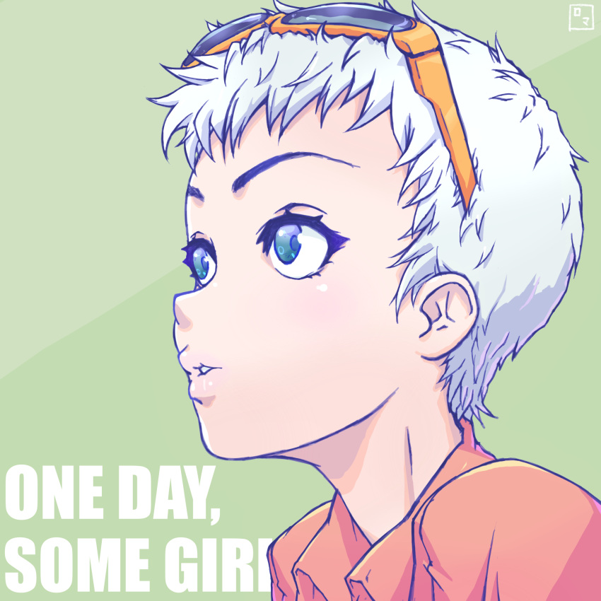1girl, blue_eyes, commentary_request, eyewear_on_head, face, green_background, highres, original, pixie_cut, profile, roma_no_fuhiga, short_hair, signature, solo, sunglasses, very_short_hair, white_hair