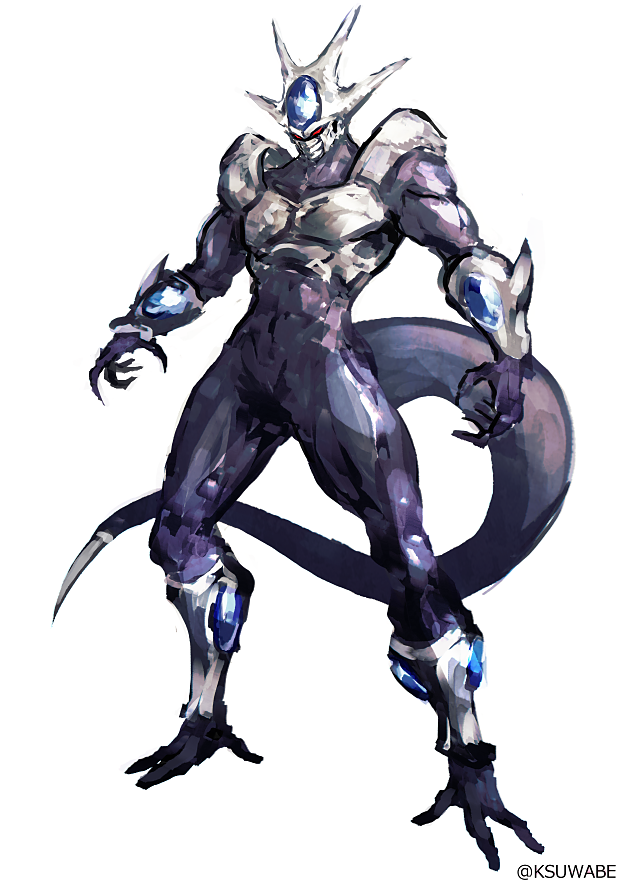 1boy, artist_name, cooler_(dragon_ball), dragon_ball, dragon_ball_z, fifth_form_(dragon_ball), full_body, k-suwabe, male_focus, red_eyes, solo, tail, twitter_username, white_background