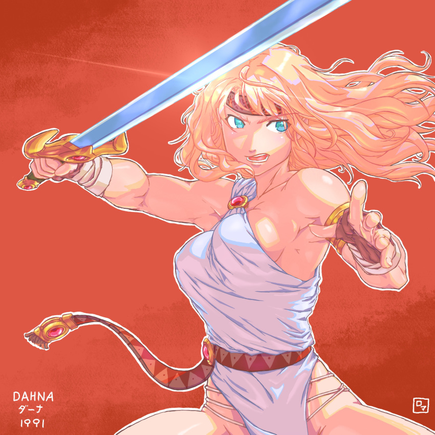 1girl, armband, blonde_hair, blue_eyes, breasts, character_name, dahna:_megami_tanjou, dahna_(dahna:_megami_tanjou), fighting_stance, fingerless_gloves, gloves, groin, headband, highres, holding, holding_sword, holding_weapon, medium_breasts, red_background, roma_no_fuhiga, sideboob, signature, solo, sword, toga, toned, upper_body, weapon