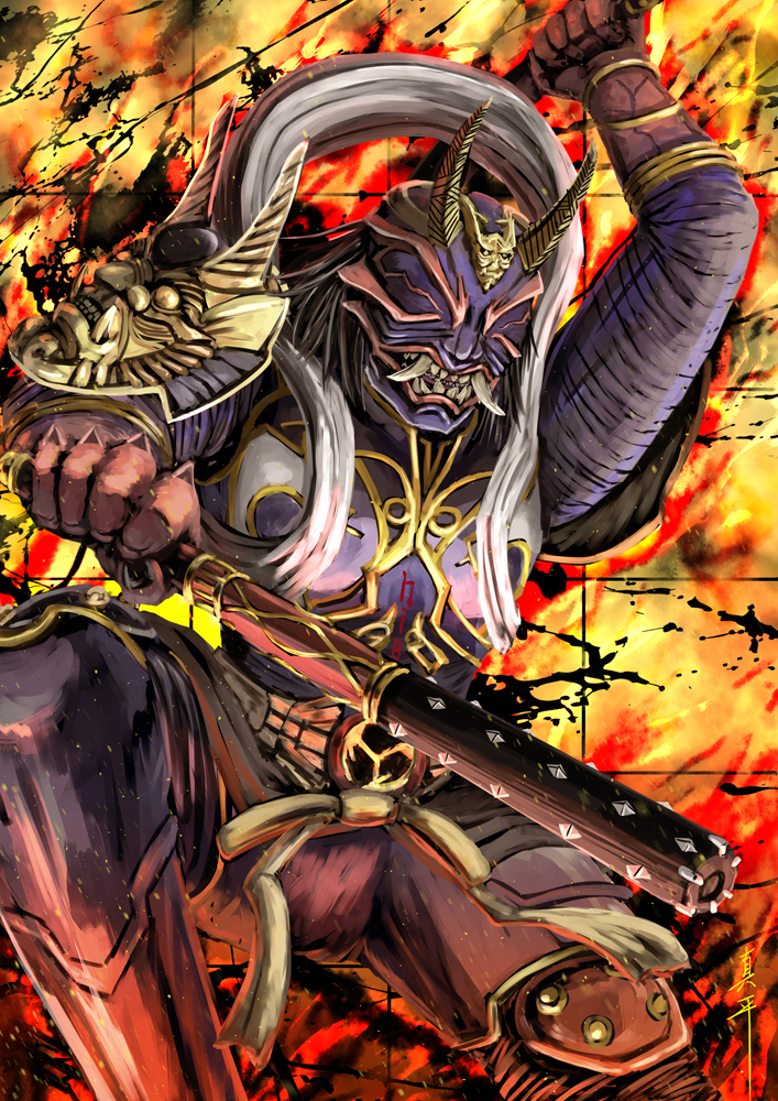 another_hibiki_(zi-o), another_rider_(zi-o), armor, bachi, black_hair, clenched_teeth, club_(weapon), creature, demon, demon_horns, dual_wielding, evil, fangs, fire, gloves, gold_horns, holding, horns, japanese_clothes, kamen_rider, kamen_rider_zi-o_(series), looking_at_viewer, messy_hair, monster, no_eyes, oni, oni_horns, plectrum, purple_armor, red_gloves, sharp_teeth, shinpei_(shimpay), shoulder_armor, spiked_club, teeth, weapon