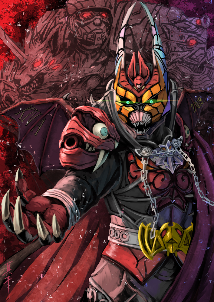 2019, another_kiva_(zi-o), another_rider_(zi-o), armor, bat, bat_wings, belt_buckle, blue_eyes, broken_glass, buckle, cape, chain, chain_necklace, creature, demon, demon_wings, evil, extra_eyes, fangs, glass, glowing, glowing_eyes, gothic, green_eyes, horror_(theme), kamen_rider, kamen_rider_zi-o_(series), looking_at_viewer, monster, namesake, open_hand, pose, red_armor, red_cape, red_eyes, red_wings, rider_belt, sea_creature, sea_monster, sharp_teeth, shattered, shinpei_(shimpay), stained_glass, teeth, vampire, wings, wolf, zombie