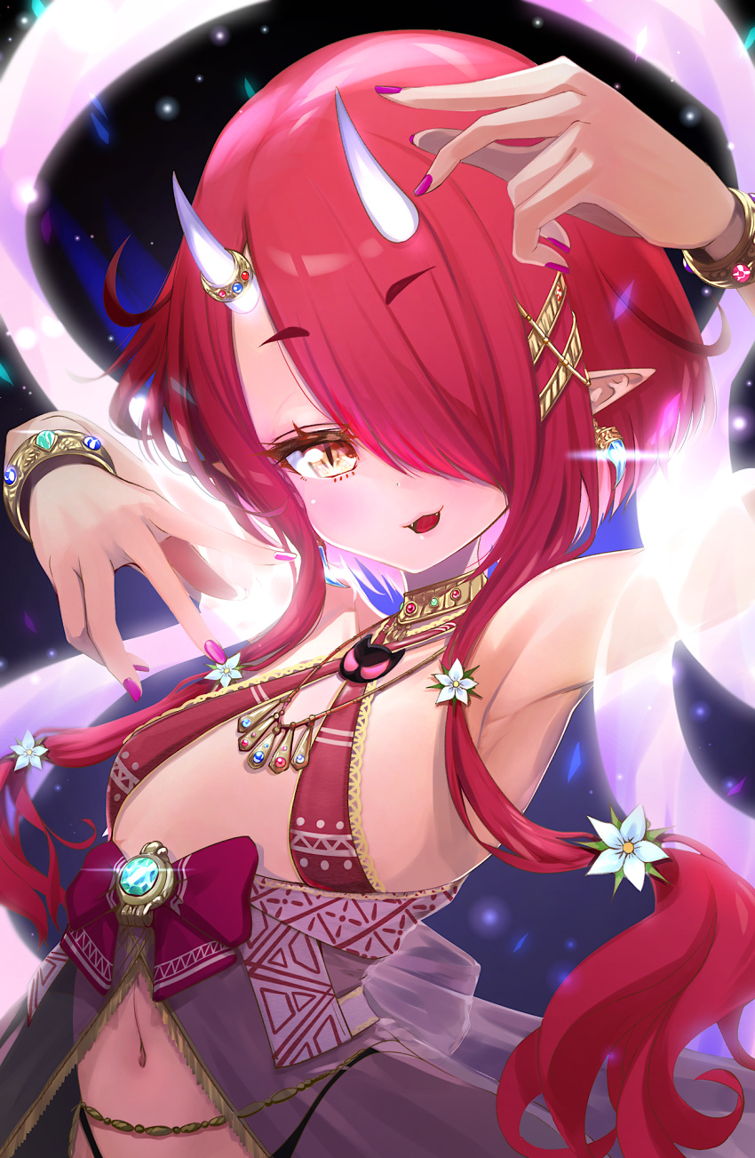 1girl, arm_up, armpits, bangs, bare_arms, bikini, bikini_top, bracelet, commentary_request, dancer, dancing, earrings, eyebrows_visible_through_hair, eyelashes, fangs, fingernails, hair_ornament, hair_over_one_eye, hairclip, halter_top, halterneck, highres, hoozuki_warabe, horns, jewelry, kajimakoto, long_hair, looking_at_viewer, nail_polish, navel, neck_ring, noripro, oni, oni_horns, open_mouth, pointy_ears, red_bikini, red_nails, redhead, short_hair_with_long_locks, smile, solo, swept_bangs, swimsuit, virtual_youtuber, yellow_eyes