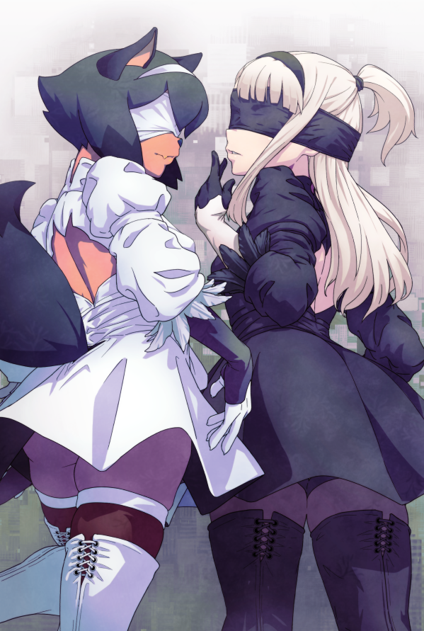 2girls, alternate_hair_color, animal_ears, animal_nose, back_cutout, bangs, black_blindfold, black_dress