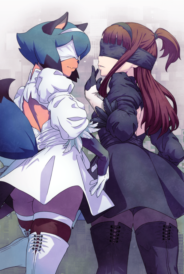 2girls, animal_ears, animal_nose, back_cutout, bangs, black_blindfold, black_dress, black_hair