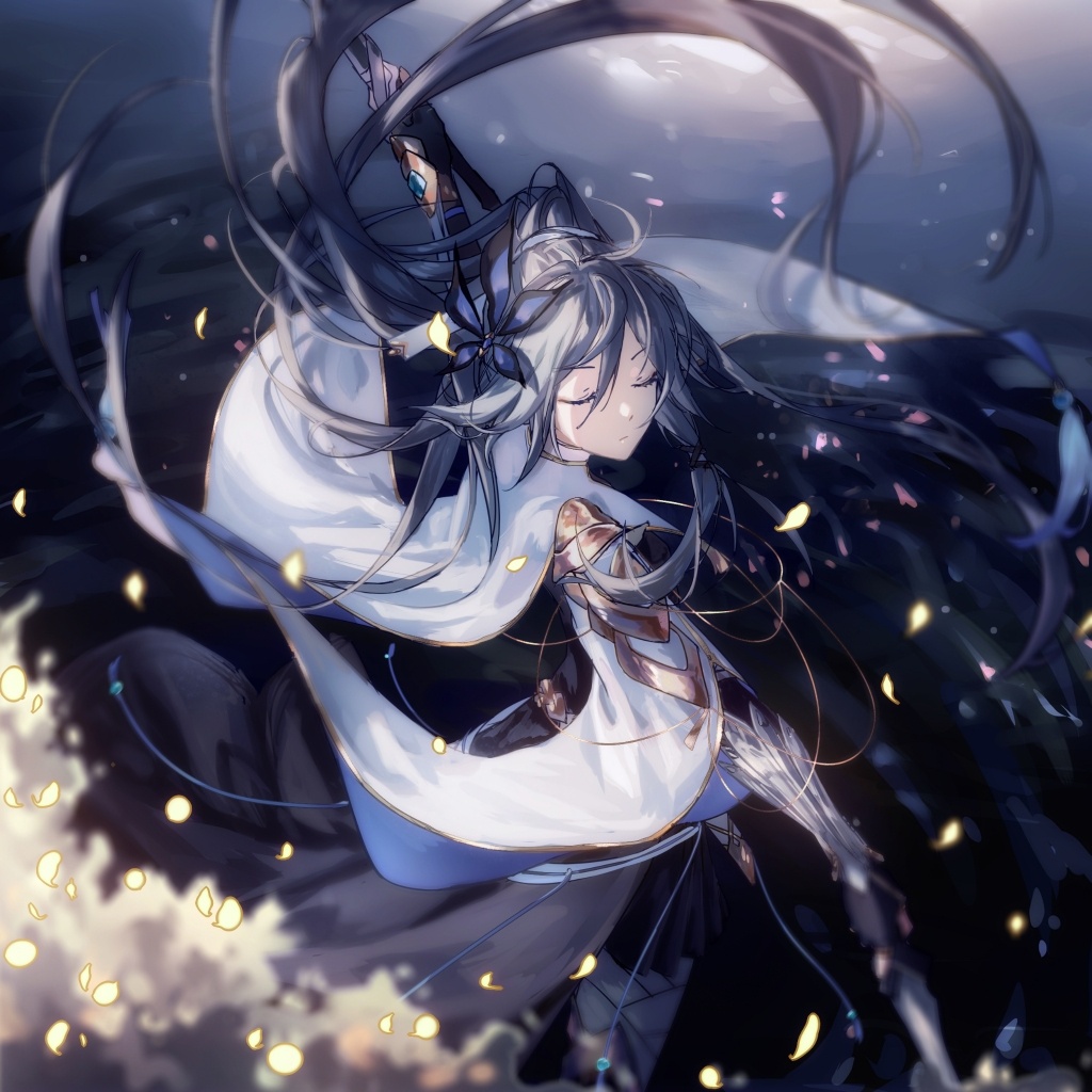 1girl, bangs, black_hair, chinese_clothes, closed_eyes, closed_mouth, flower, fu_hua