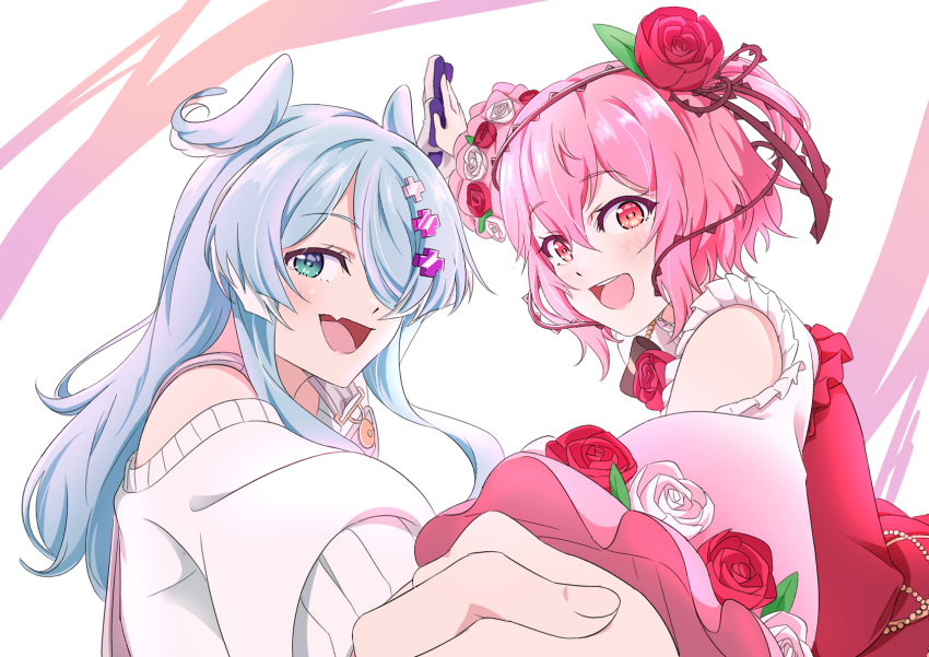 aqua_hair, blue_eyes, dragon_girl, elira_pendora, flower, highres, magho, multicolored_hair