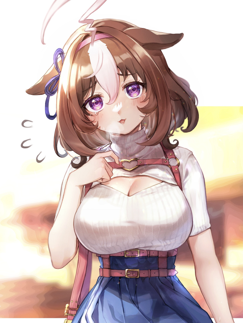 1girl, @_@, ahoge, animal_ears, blue_skirt, blush, breasts, brown_hair
