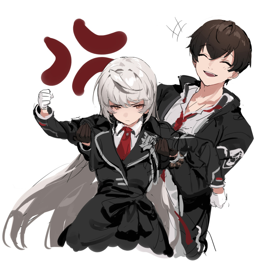 1boy, 1girl, absurdres, anger_vein, black_gloves, black_hair, clenched_hands, counter_side, eyebrows_visible_through_hair, gloves, highres, hilde_(counter_side), joo_shiyoon, lifting_person, long_hair, necktie, shisantian, short_hair, white_background, white_gloves, white_hair