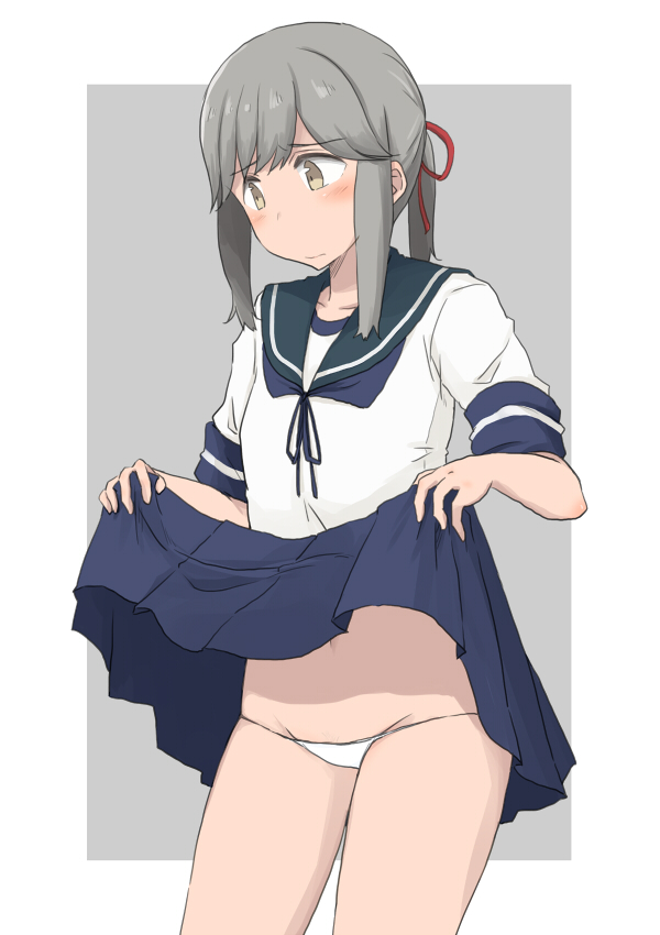 1girl, clothes_lift, collarbone, cowboy_shot, embarrassed, grey_eyes, grey_hair, groin