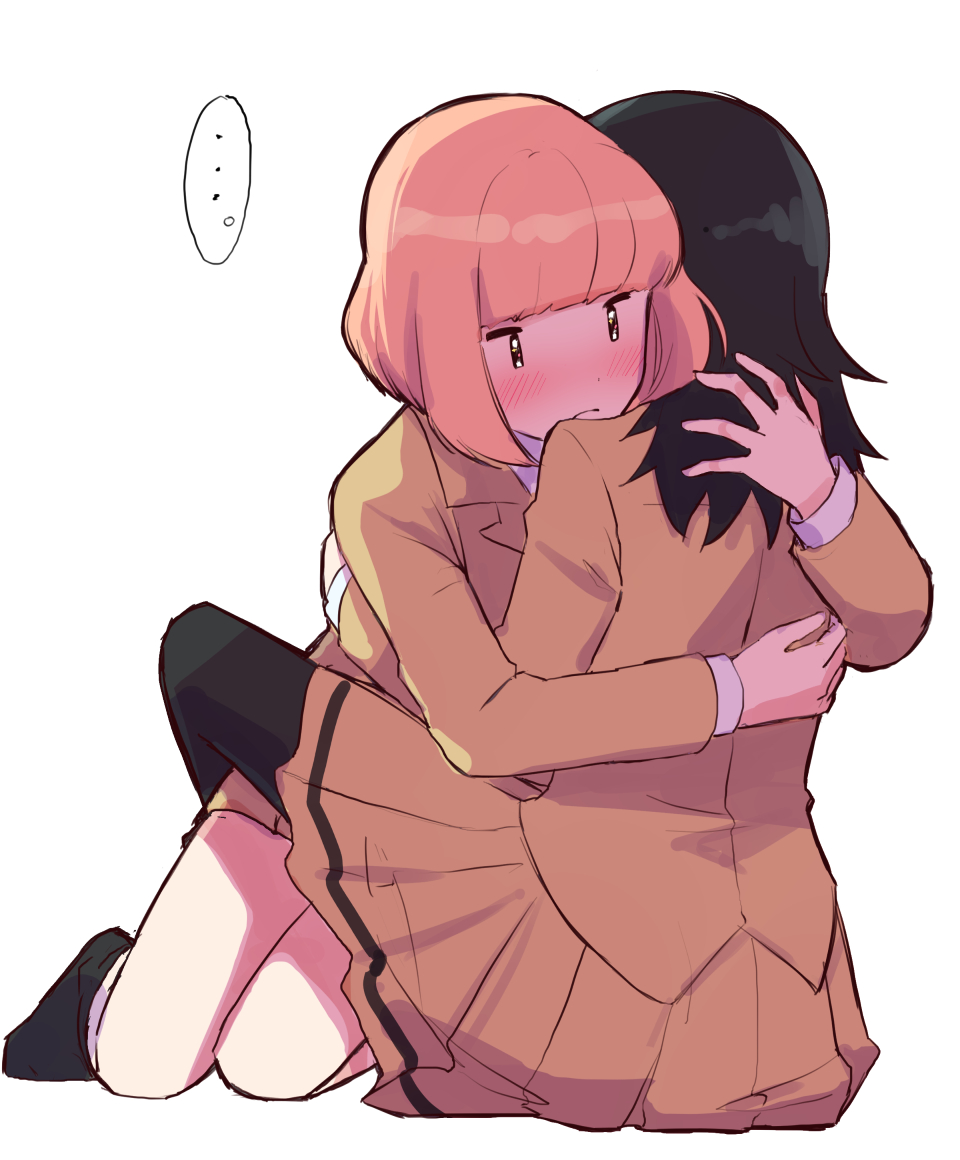 ..., 2girls, black_hair, black_legwear, blazer, blonde_hair, blush, facing_away
