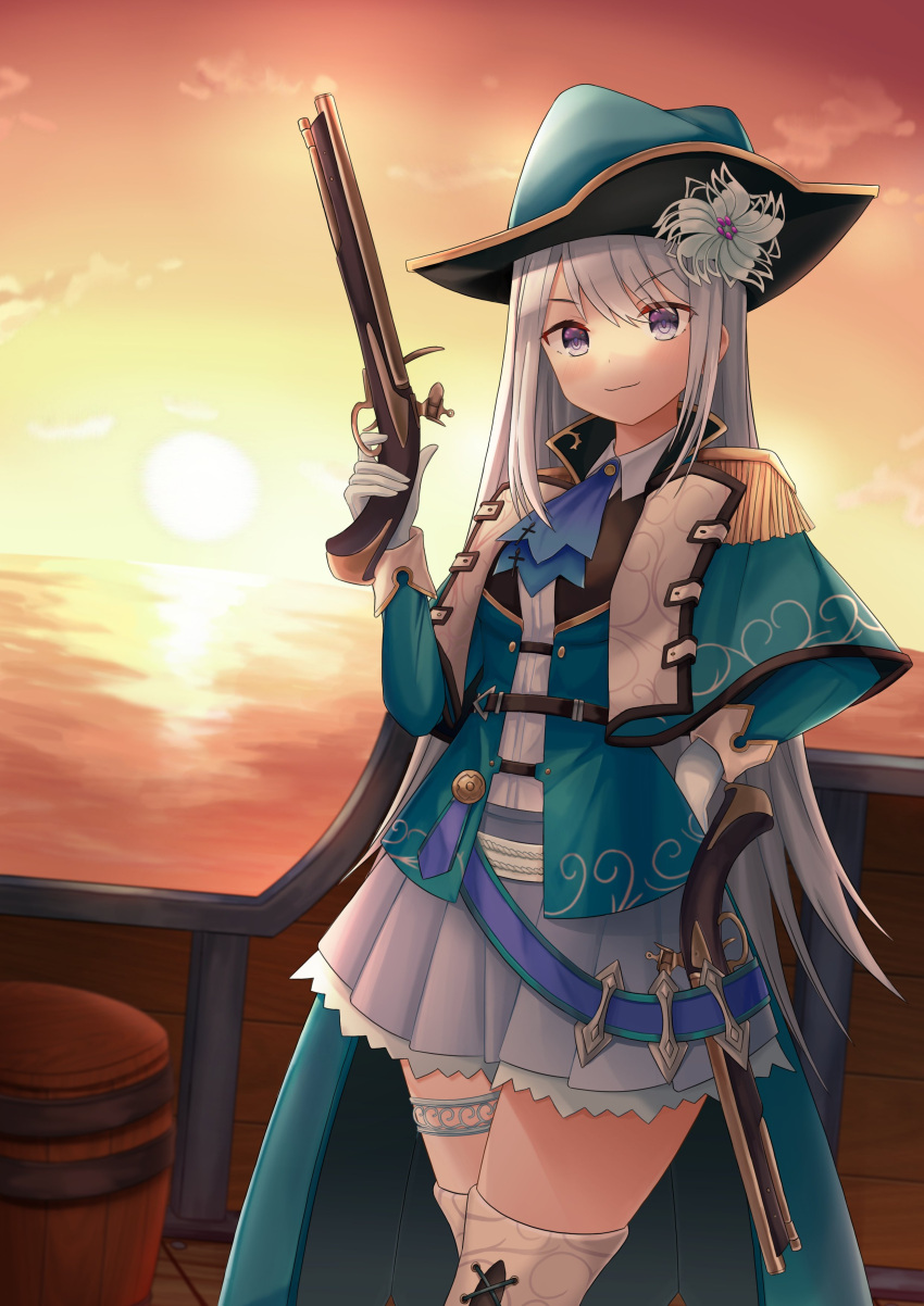 1girl, absurdres, antique_firearm, ban_hada, bangs, blue_capelet, blue_eyes, blue_gloves