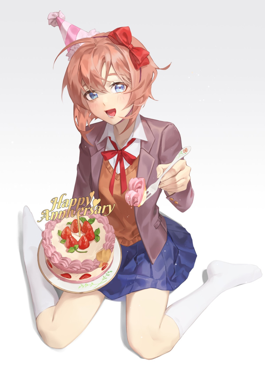 1girl, :d, anniversary, bangs, blazer, blue_eyes, blue_skirt, bow