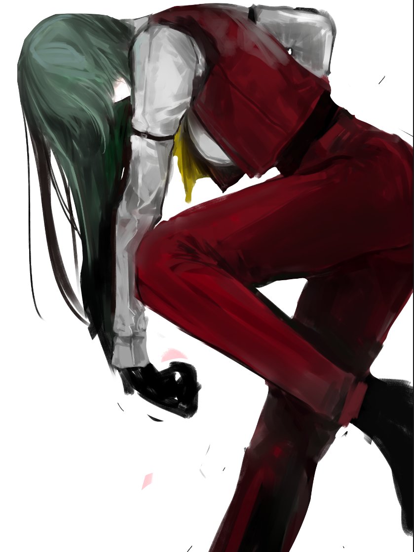 1girl, ascot, bangs, black_footwear, black_gloves, chinese_commentary, commentary, foot_out_of_frame, gloves, green_hair, kazami_yuuka, kazami_yuuka_(pc-98), leaning_forward, long_hair, long_sleeves, looking_down, on_(_l0_), pants, red_pants, red_vest, shirt, simple_background, solo, standing, standing_on_one_leg, touhou, touhou_(pc-98), vest, white_background, white_shirt, yellow_neckwear