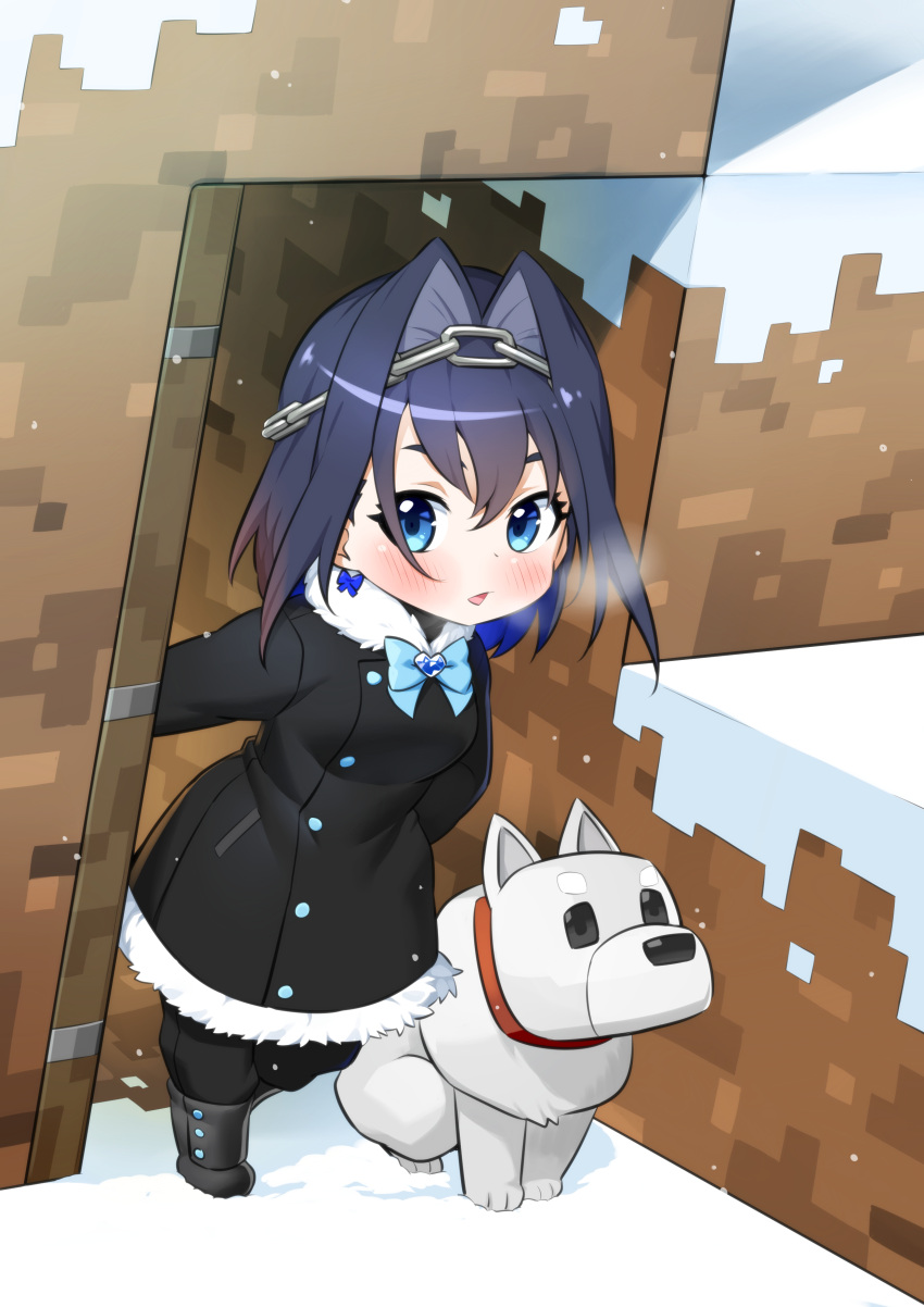 1girl, :o, absurdres, black_footwear, black_hair, black_jacket, black_pants, blue_bow