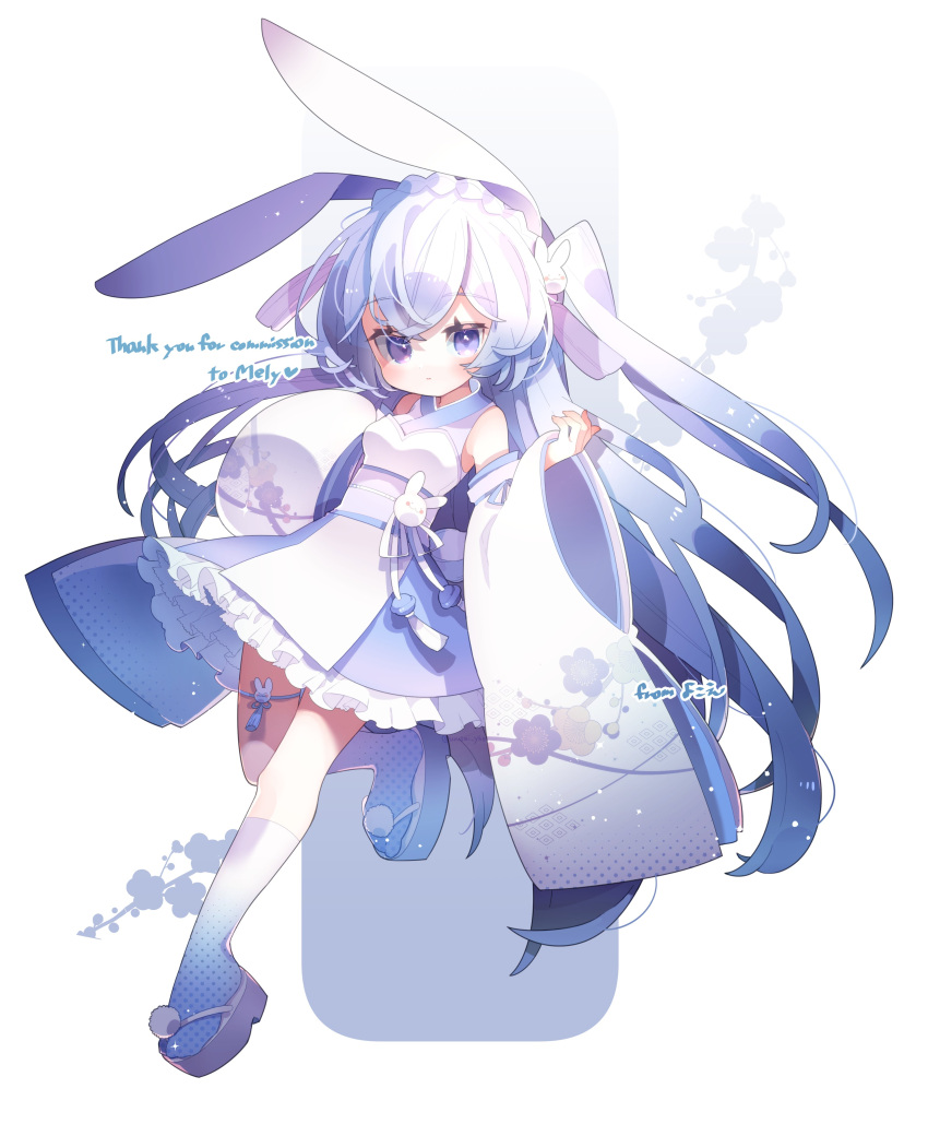 1girl, absurdres, animal_ears, blue_eyes, breasts, character_name, commission, english_commentary, highres, indie_virtual_youtuber, japanese_clothes, kimono, leaning_back, long_hair, medium_breasts, mely_(vtuber), obi, platform_footwear, rabbit_ears, rabbit_girl, sash, second-party_source, side_ponytail, skeb_commission, sleeves_past_fingers, sleeves_past_wrists, solo, very_long_hair, virtual_youtuber, wide_sleeves, yokoe_(mealtime)