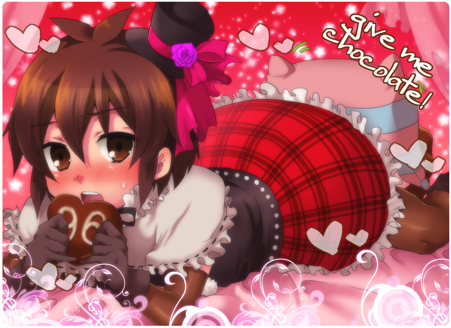 1boy, black_gloves, black_thighhighs, blush, chocolate, chocolate_heart, crossdressing, frills