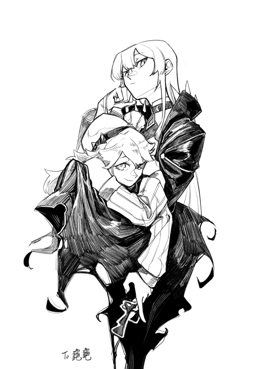 2girls, absurdres, bangs, beret, cape, chef_hat, chinese_commentary, clenched_hand