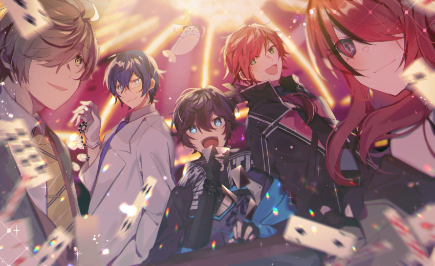 1girl, 4boys, axia_krone, black_bodysuit, black_eyes, black_hair, black_jacket, blazer