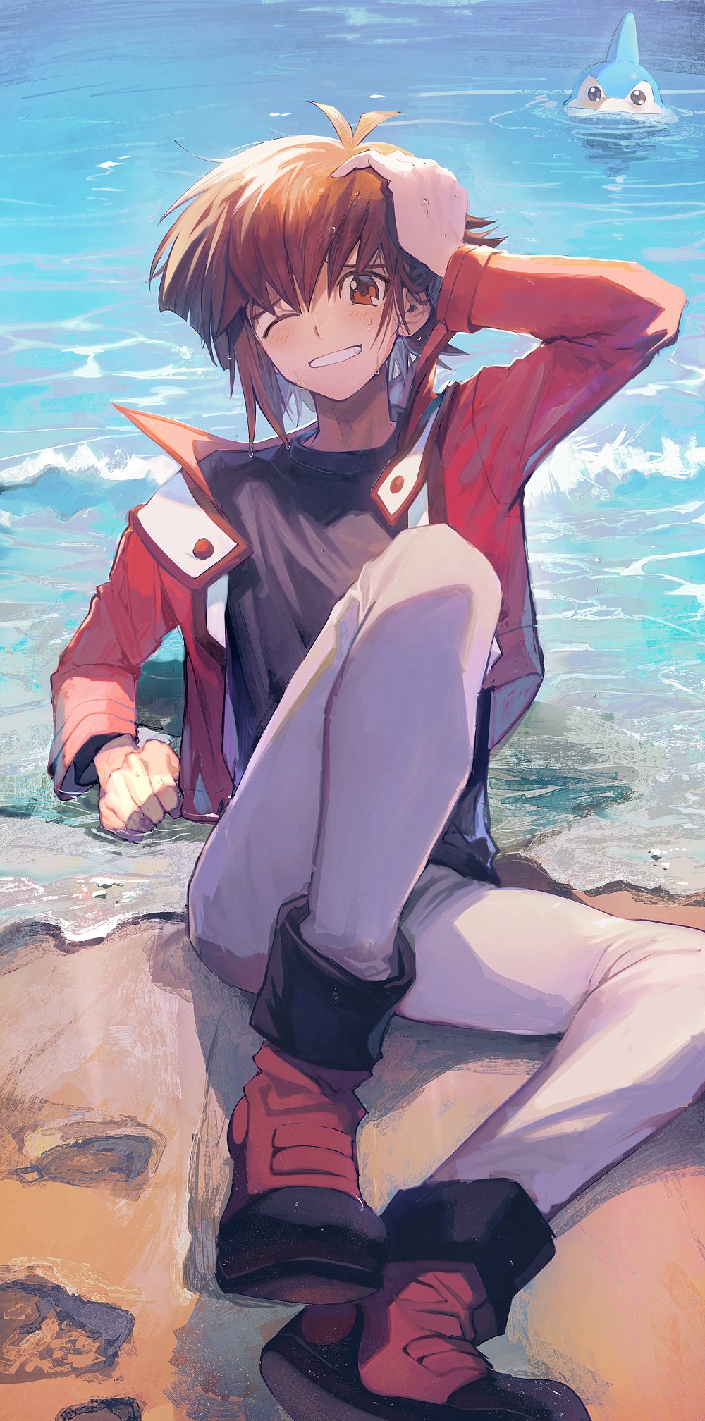 1boy, aoki_(fumomo), arm_up, bangs, beach, black_shirt, brown_eyes, brown_hair