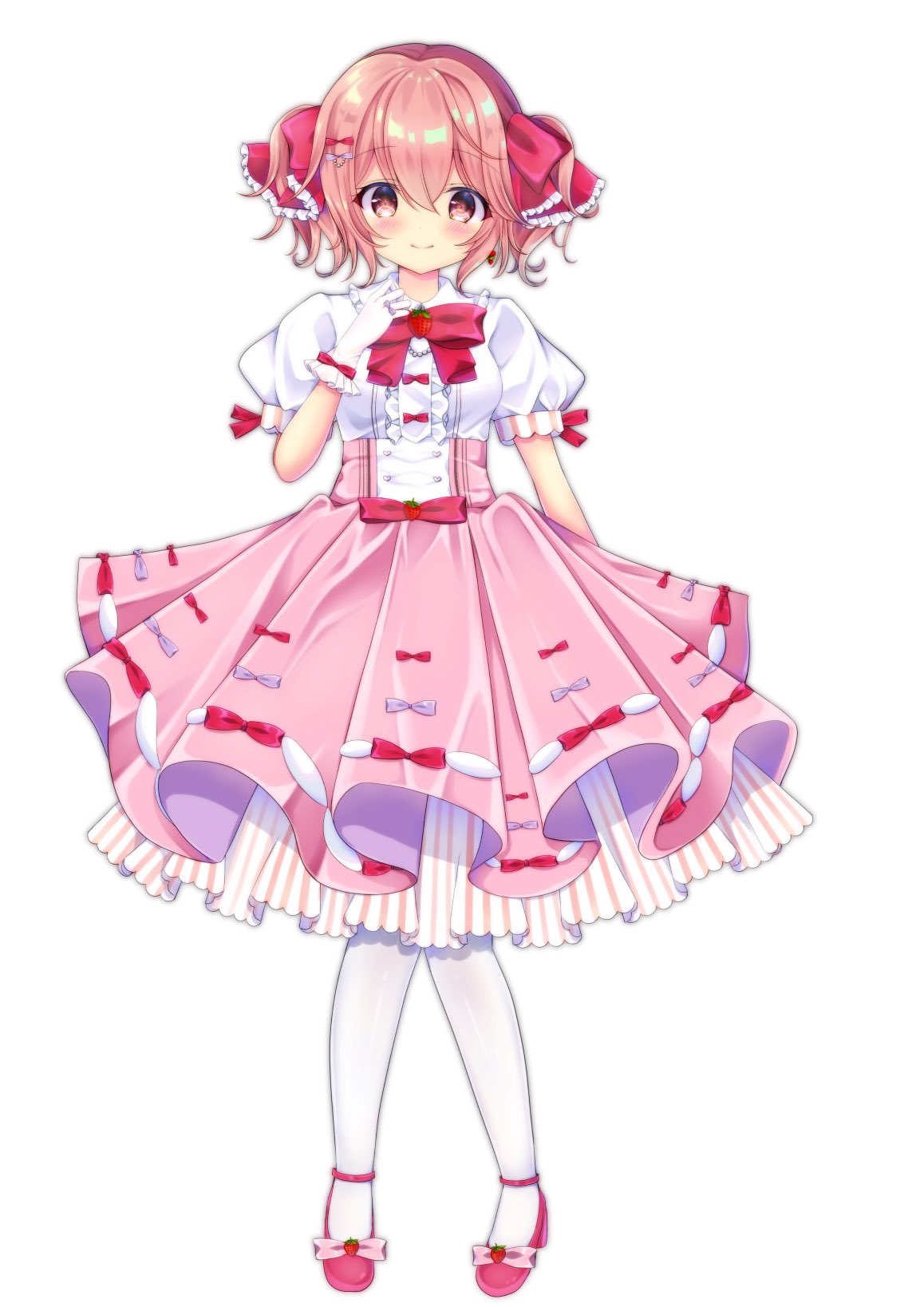 1girl, bangs, blush, center_frills, closed_mouth, frills, full_body, gloves, hair_between_eyes, hair_ribbon, highres, indie_virtual_youtuber, maisaki_berry, medium_hair, miwa_uni, pink_footwear, puffy_short_sleeves, puffy_sleeves, ribbon, short_sleeves, virtual_youtuber, white_background, white_gloves, white_legwear