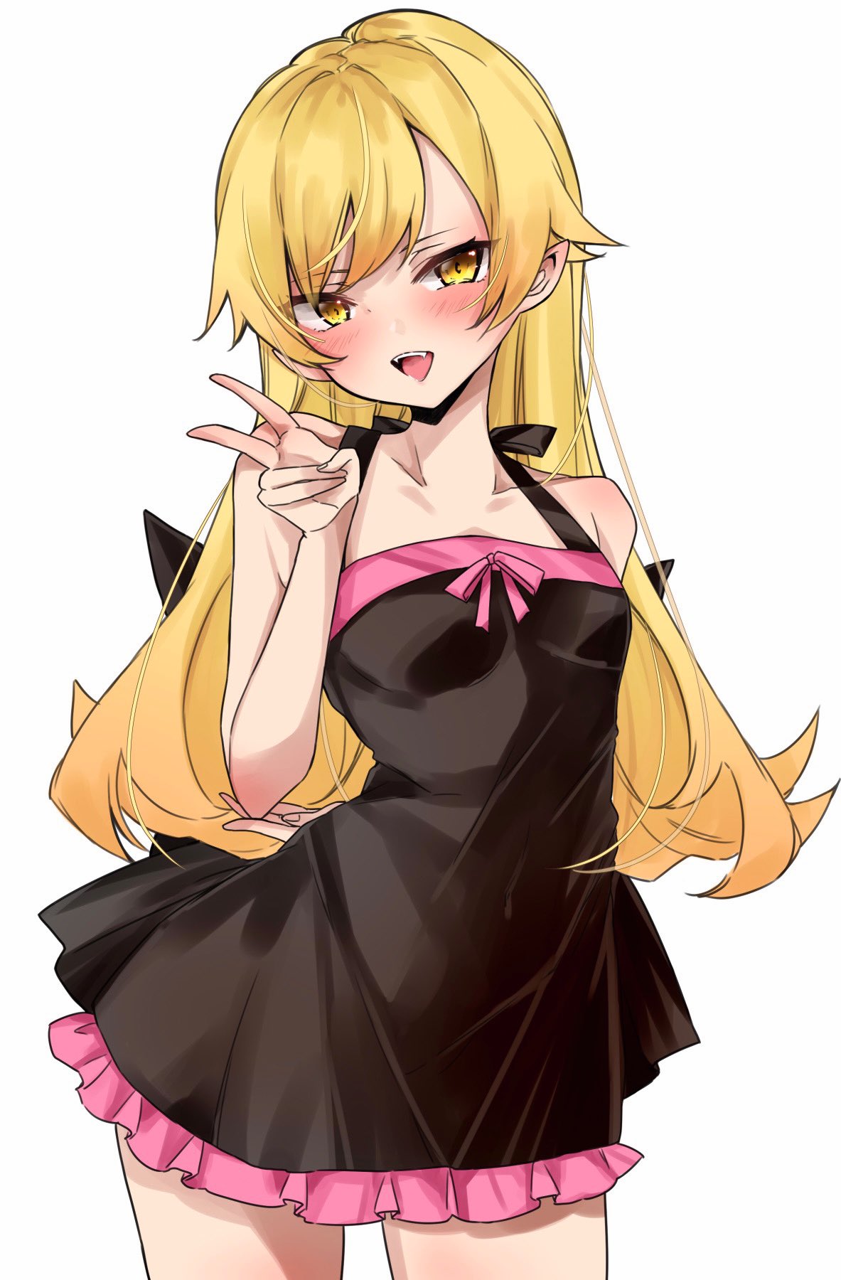 1girl, arm_behind_back, bangs, black_dress, blonde_hair, blush, breasts, chigasaki_yukari