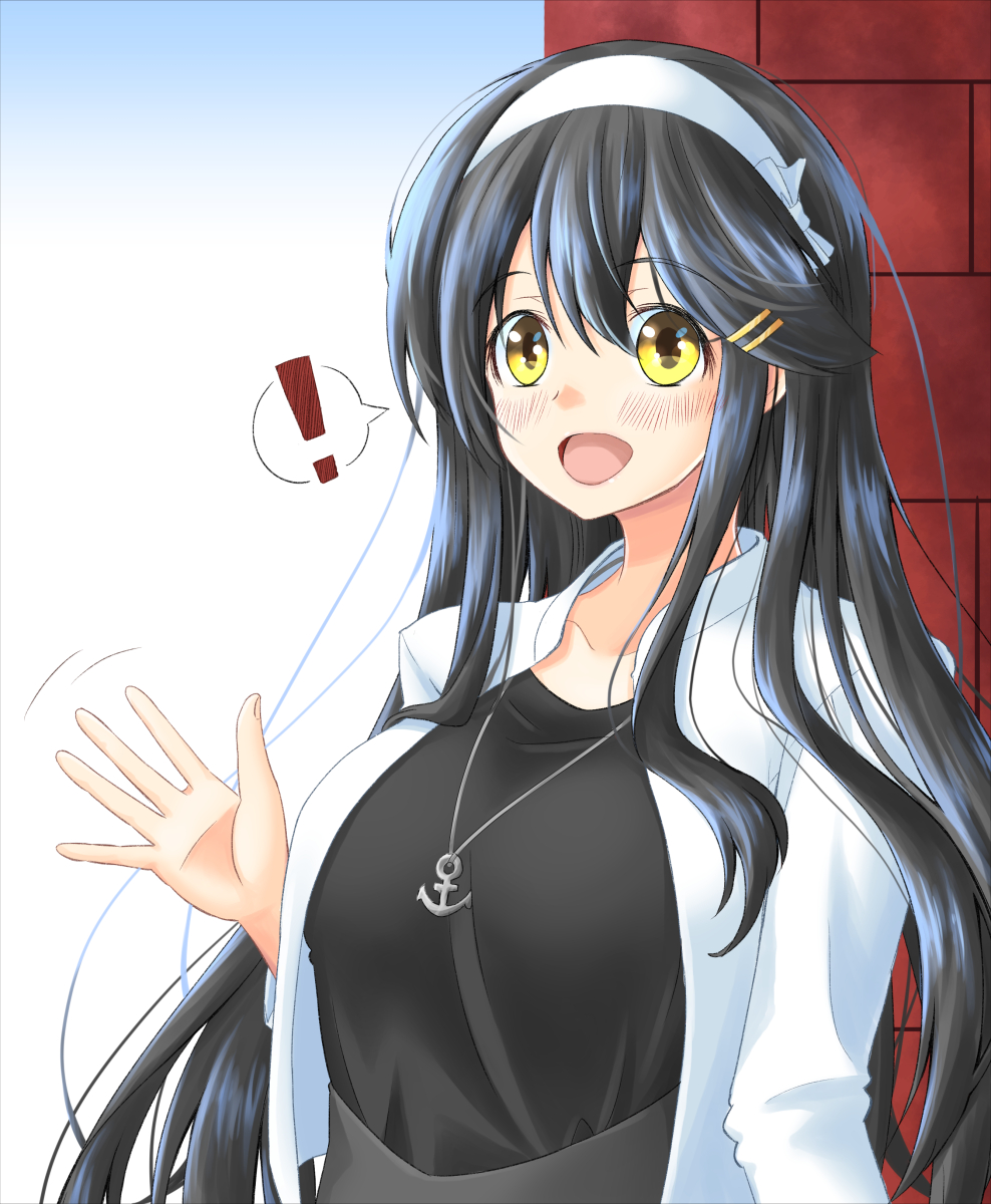 !, 1girl, :d, anchor_necklace, black_hair, black_shirt, blush, casual