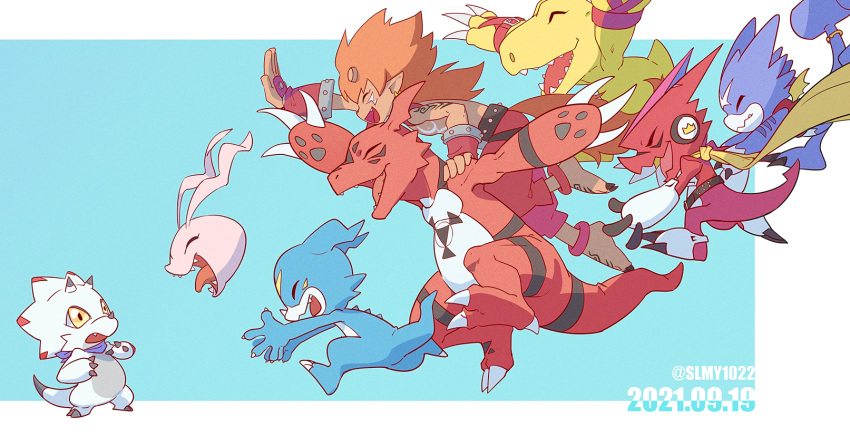 1boy, :d, agumon_(savers), arm_tattoo, arm_up, arms_up, bandana, belt, black_belt, blue_background, cape, claws, closed_eyes, closed_mouth, commentary_request, cross_scar, dated, digimon, digimon_(creature), digimon_adventure, digimon_adventure_02, digimon_frontier, digimon_ghost_game, digimon_savers, digimon_tamers, digimon_xros_wars, digimon_xros_wars:_toki_wo_kakeru_shounen_hunter-tachi, fang, fingerless_gloves, flamon, from_side, gammamon, gloves, guilmon, gumdramon, happy, headphones, highres, horns, jumping, kariki_hajime, koromon, long_hair, looking_at_another, midair, open_mouth, pants, purple_bandana, red_gloves, red_pants, redhead, scar, scar_on_face, scar_on_forehead, sharp_teeth, shoutmon_king_ver., smile, standing, tattoo, teeth, tongue, tongue_out, twitter_username, two-tone_background, veemon, white_background, yellow_cape, yellow_eyes