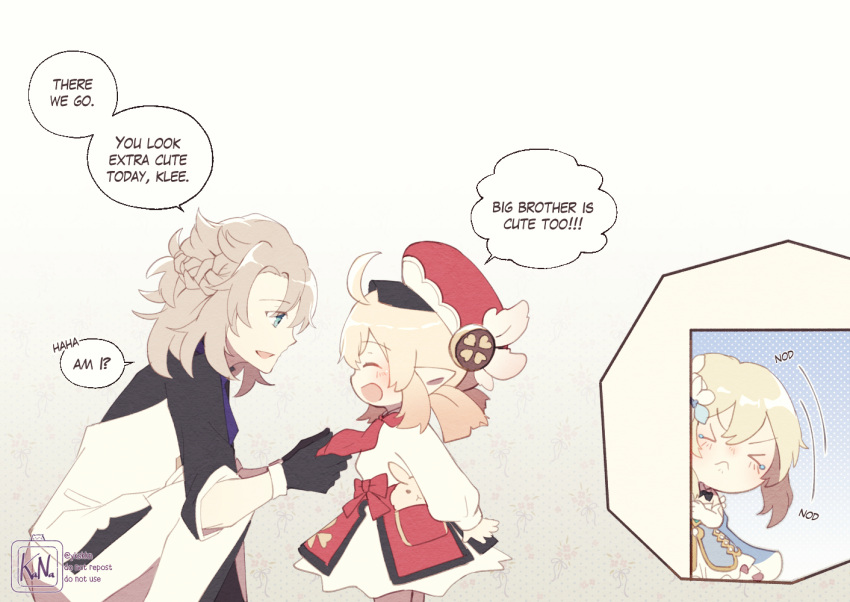 1boy, 2girls, :d, ^_^, ^o^, adjusting_clothes, adjusting_necktie, ahoge