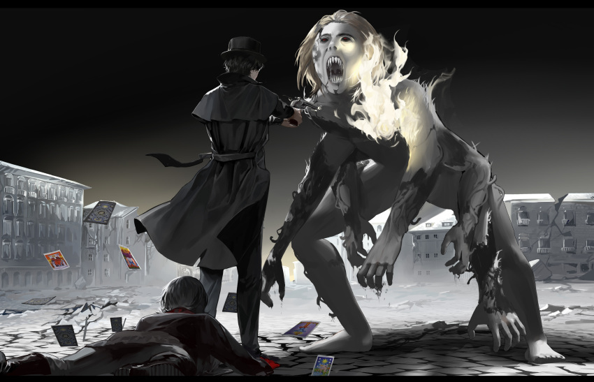 3boys, absurdres, black_footwear, black_hair, black_headwear, black_jacket, black_pants, black_suit, building, burnt, card, chinese_commentary, commentary_request, eldritch_abomination, extra_arms, fangs, firing, from_behind, gloves, gun, hat, highres, holding, holding_weapon, ince_zangwill, injury, jacket, klein_moretti, leonard_mitchell, looking_at_another, looking_up, lord_of_the_mysteries, multiple_boys, night, night_sky, on_ground, pants, red_gloves, revolver, sky, tarot_arcana, weapon, window, yinyoushirenmaotouying