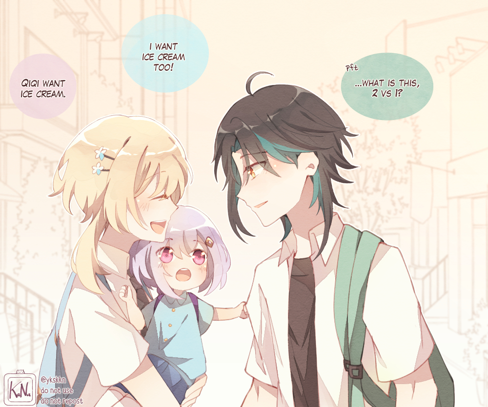 1boy, 2girls, :d, ^_^, ^o^, alternate_costume, bag, bangs, black_hair, blunt_bangs, braid, braided_ponytail, carrying, carrying_person, closed_eyes, collared_shirt, commentary, contemporary, english_commentary, english_text, eyebrows_visible_through_hair, genshin_impact, hair_between_eyes, hair_ornament, hairclip, kana_(ykskkn), kindergarten_uniform, light_brown_hair, long_hair, long_sleeves, looking_at_another, lowleg, lumine_(genshin_impact), multicolored_hair, multiple_girls, necktie, open_mouth, princess_carry, purple_hair, qiqi_(genshin_impact), school_bag, school_uniform, shirt, short_hair, short_hair_with_long_locks, short_sleeves, shoulder_bag, sidelocks, simple_background, single_braid, sleeve_tug, smile, speech_bubble, streaked_hair, two-tone_hair, violet_eyes, xiao_(genshin_impact)