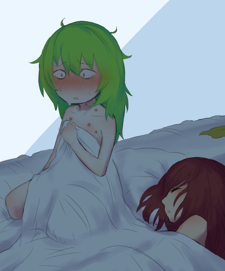 2girls, bangs, blush, closed_eyes, commentary_request, constricted_pupils, cookie_(touhou), daiyousei, diyusi_(cookie), eyebrows_visible_through_hair, flat_chest, full_body, gaburin, green_hair, hickey, highres, long_hair, messy_hair, multiple_girls, nose_blush, on_bed, onozuka_komachi, open_mouth, redhead, ruined_for_marriage, shishou_(cookie), sitting, sitting_on_bed, sleeping, touhou, under_covers, yuri