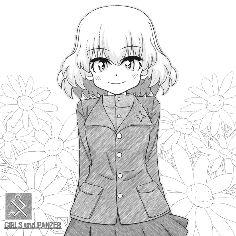 1girl, arms_behind_back, bangs, bob_cut, chamomile, closed_mouth, commentary, copyright_name