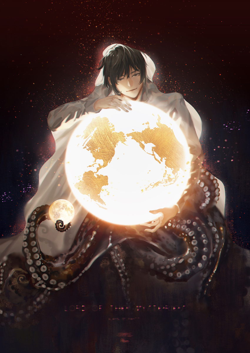 1boy, angel, black_hair, chinese_commentary, cloak, commentary_request, continents, earth_(planet)