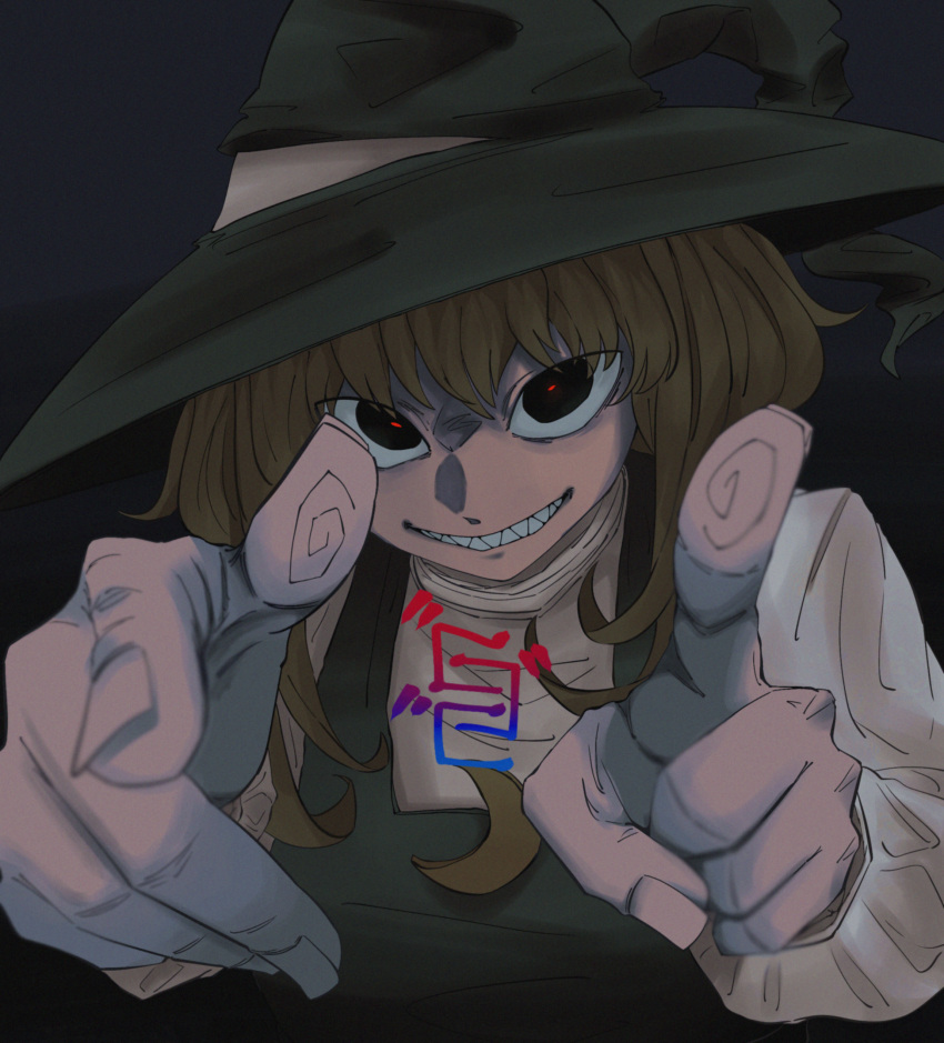 1girl, absurdres, bangs, black_eyes, black_headwear, black_vest, blonde_hair, commentary_request, cookie_(touhou), crescent, crescent_pin, eyes_visible_through_hair, fingerprint, gogogo_(cookie), grin, hat, highres, kirisame_marisa, long_hair, long_sleeves, looking_at_viewer, odoro_(nicoseiga81184094), pointing, pointing_at_viewer, sharp_teeth, smile, solo, teeth, touhou, upper_body, vest, witch_hat