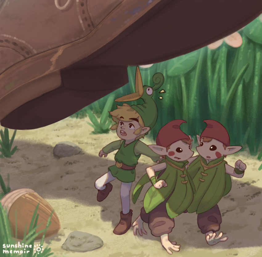 1boy, acorn, androgynous, blonde_hair, boots, brown_hair, brown_pants, ezlo