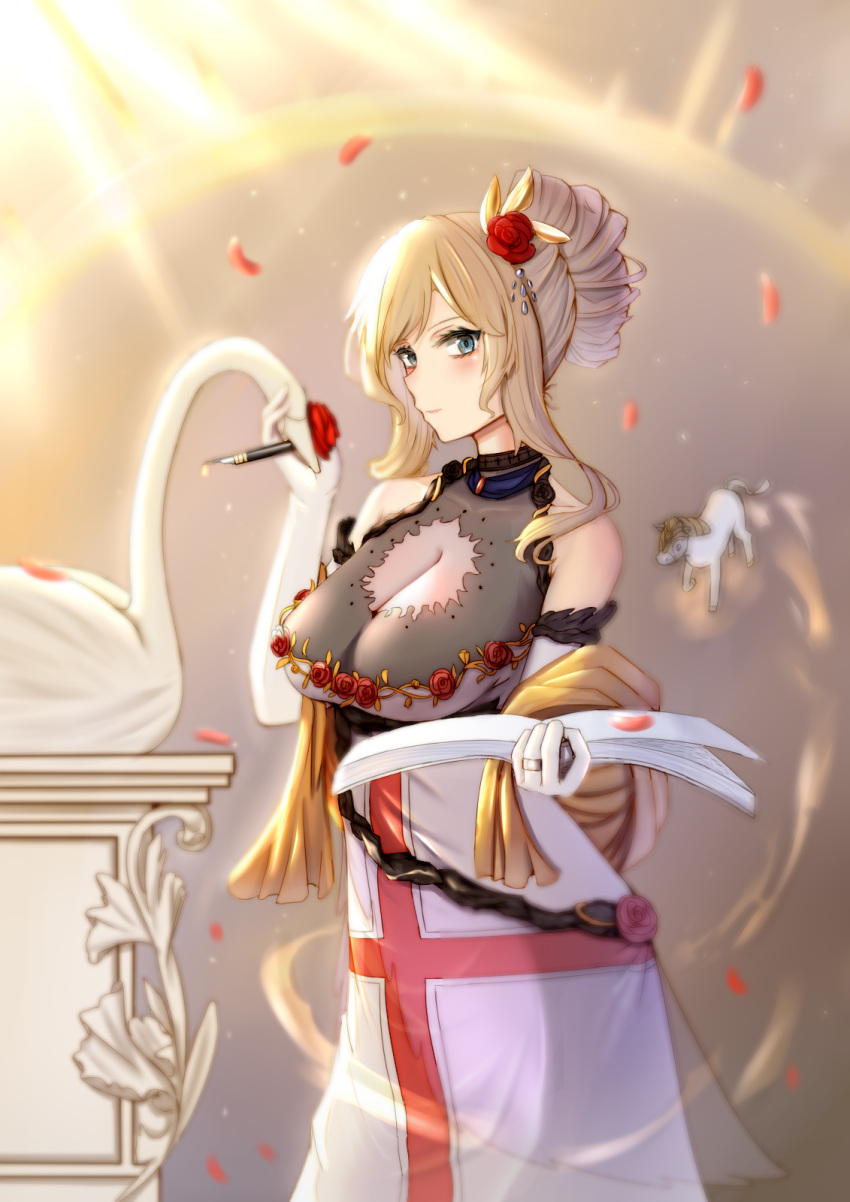 1girl, 995080356, alternate_costume, alternate_hairstyle, blonde_hair, breasts, cleavage_cutout, clothing_cutout