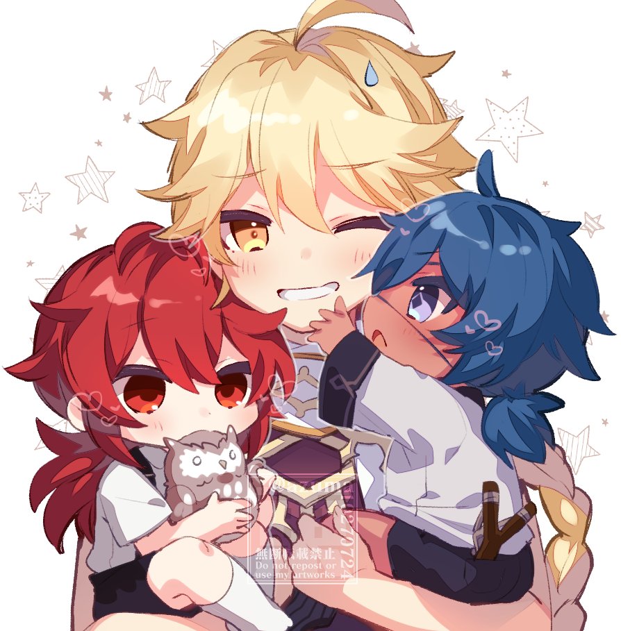 3boys, aether_(genshin_impact), ahoge, azuma_(azuma10270724), bangs, black_shorts, blonde_hair, blue_eyes