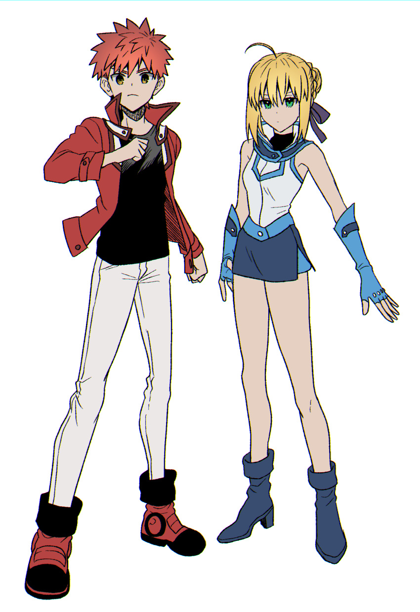 1boy, 1girl, ahoge, artoria_pendragon_(fate), black_shirt, clenched_hand, cosplay, duel_academy_uniform_(yu-gi-oh!_gx), emiya_shirou, fate/stay_night, fate_(series), full_body, green_eyes, highres, jacket, looking_at_viewer, none_(kameko227), orange_hair, outstretched_arm, saber, school_uniform, shirt, simple_background, skirt, tenjouin_asuka, tenjouin_asuka_(cosplay), uniform, white_background, yellow_eyes, yu-gi-oh!, yu-gi-oh!_gx, yuuki_juudai, yuuki_juudai_(cosplay)
