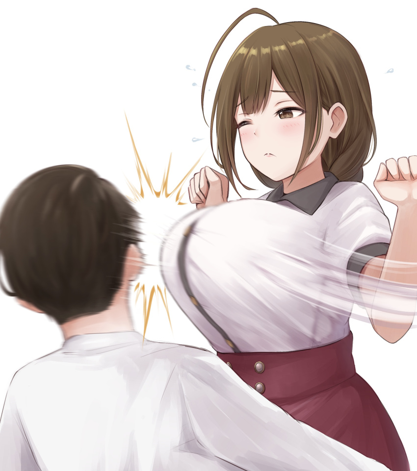 1boy, 1girl, absurdres, ahoge, bangs, blush, braid, breast_slap